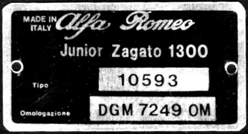 Alfa Romeo Junior Zagato 1300 Chassis Type Plate