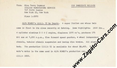 Vintage 1964 USA Press Release for the Alfa Romeo TZ Vintage 1964 USA Press Release for the Alfa Romeo TZ